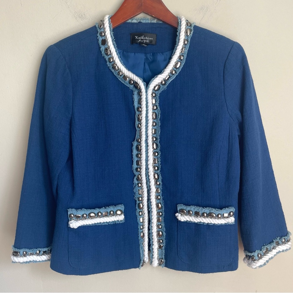 Katherine New York Navy Textured Embellished Jacket w/ Denim Detail Jacket Small